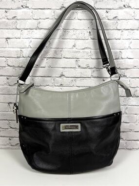 Tignanello Pebbled Black and Gray Leather Satchel Handbag